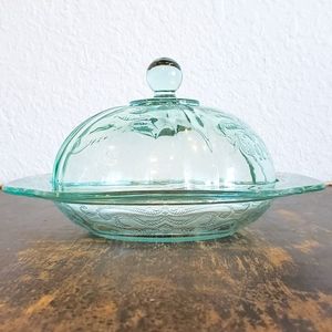 Vintage Indiana Glass Co Recollection Teal Covered Dish Fall Decor Holiday Gift
